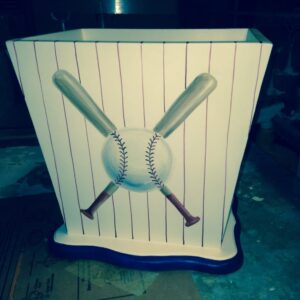 Wastebasket wood trashcan bin boys girls room sports lover theme and hand painted artwork